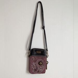 Chala Dazzled Paisley Cellphone Crossbody Handbag Purple Faux Suede